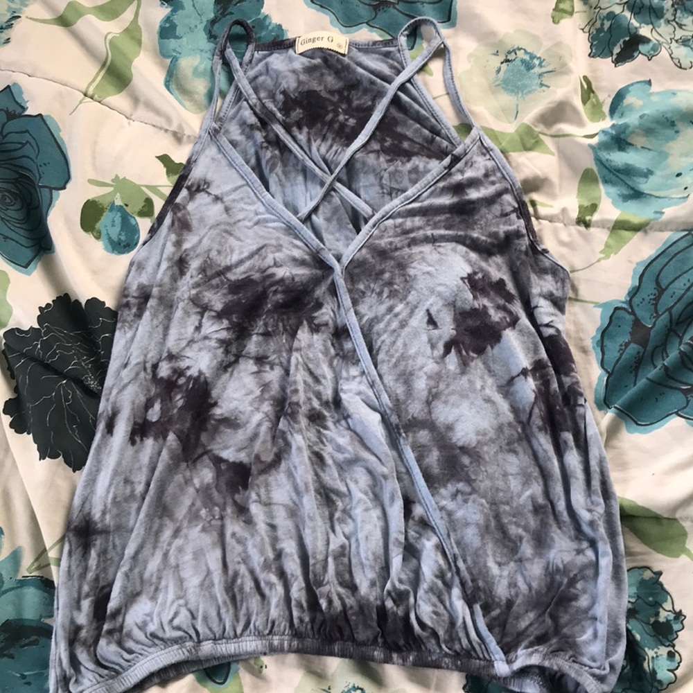 Blue and gray print strappy tank top